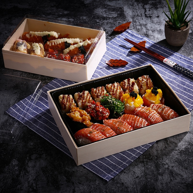 Wegwerp Hout Lunch Verpakking Japanse Sushi Salade Wikkelen Voedsel Container Sashimi Tempura Opvouwbare Hout Dozen Verpakking Gereedschap