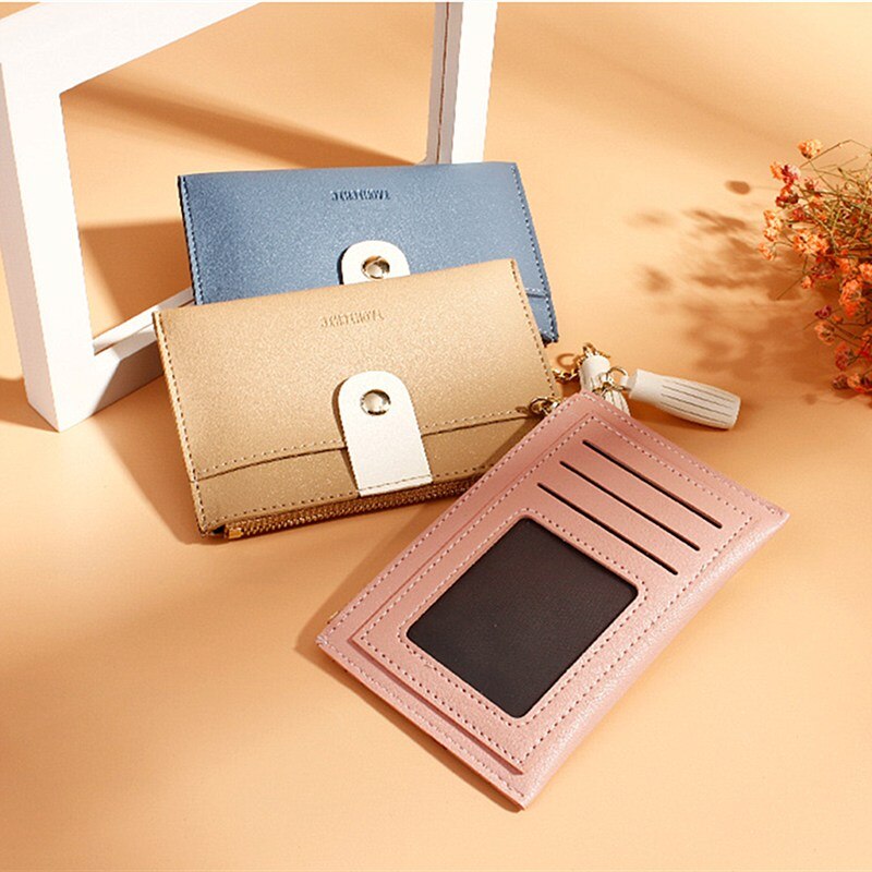 PURDORED 1 Pc Women Tassel Card Holder Wallet Small Credit Card Case PU Female Minimalist Zipper Mini Coin Purse Wallet