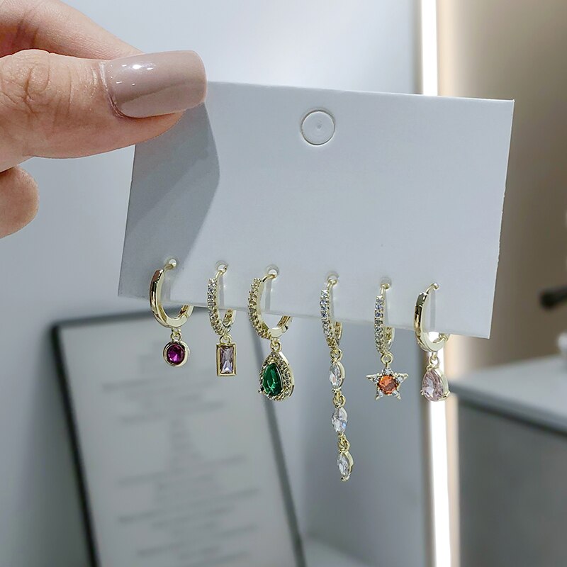 Anenjery Zilveren Kleur Koper Gekleurde Zirkoon Water Ster Kwastje Oorbellen Voor Vrouwen Shiny 6 Stuk Oorbel Set Sieraden