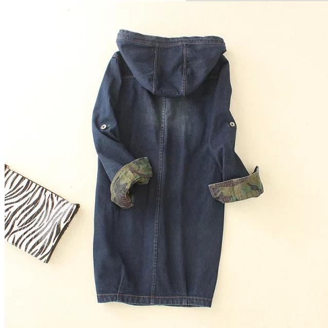 Mærke kvinder single-breasted lang denim hætte vindtæt bf jakke camouflage cowboy camouflage lomme lange ærmer