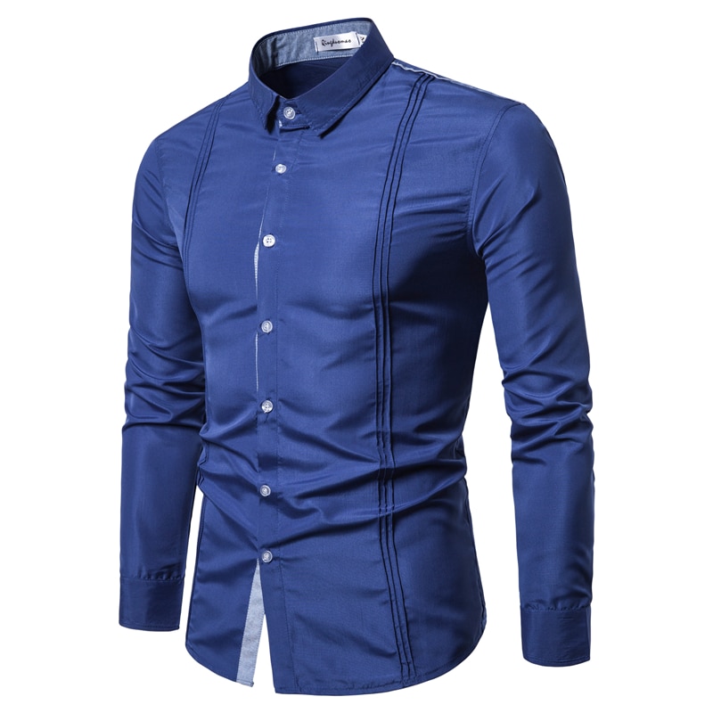 Casual Shirts Men Stitching Denim Long Sleeve Dress Shirt Chest Fold Daily Business Social Camisas 3XL