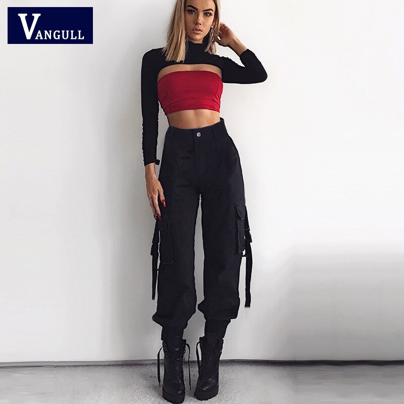 Vangull , ropa de calle de primavera, pantalones Cargo para mujer, Joggers casuales, pantalones negros de cintura alta, pantalones sueltos para mujer, pantalones Capri para mujer