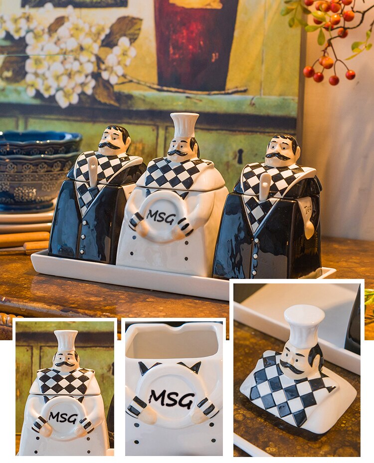 Funny European Ceramic Cartoon Chef Seasoning Jar Salt Sugar Bean Candy Cans MSG Jar with Lid Oil Bottle Kitchen Accessories