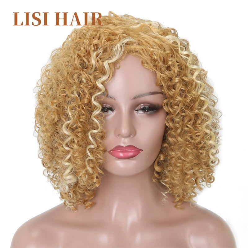 LISI pelucas de pelo corto rizado blanco mezcla de Color rubio para mujeres pelo sintético de fibra de alta temperatura tamaño medio