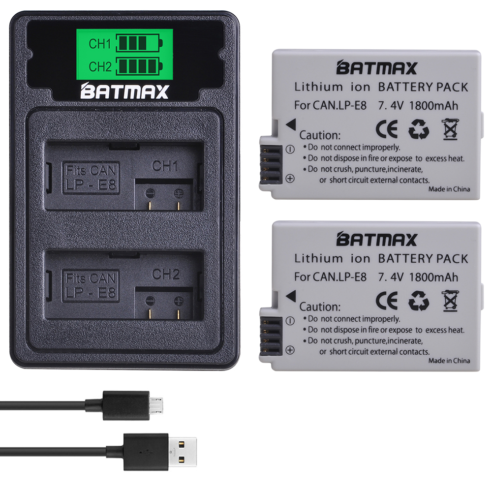 2Pcs 1800mah LP-E8 LP E8 LPE8 Camera Battery for Canon EOS 550D 600D 650D 700D Kiss X4 X5 X6i X7i Rebel T2i T3i T4i T5i Batterie: 2Pcs set