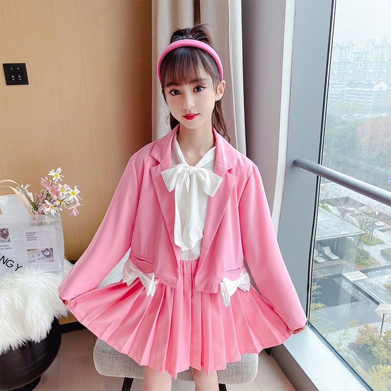Girls Formal Suit Blazer Jacket+Skirt 2pcs Kids Wedding Party Pink Clothing Sets Teen Girl School Performance Suit 4-13Years Old