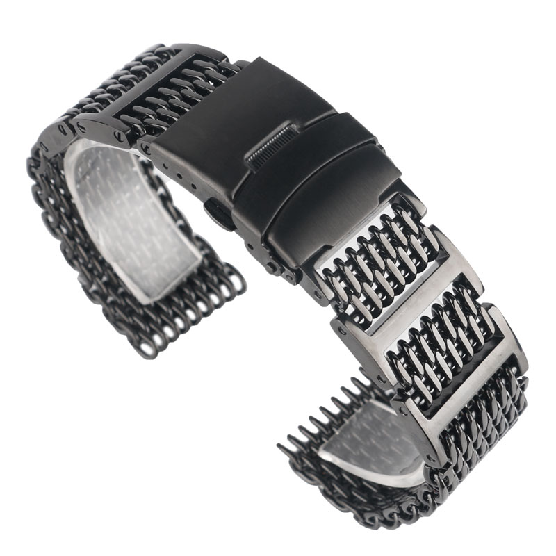 HQ 20mm 22mm 24mm Mens Stainless Steel Watch Band Shark Mesh Wrist Strap Luxury Bracelet Replacement Black Push Button