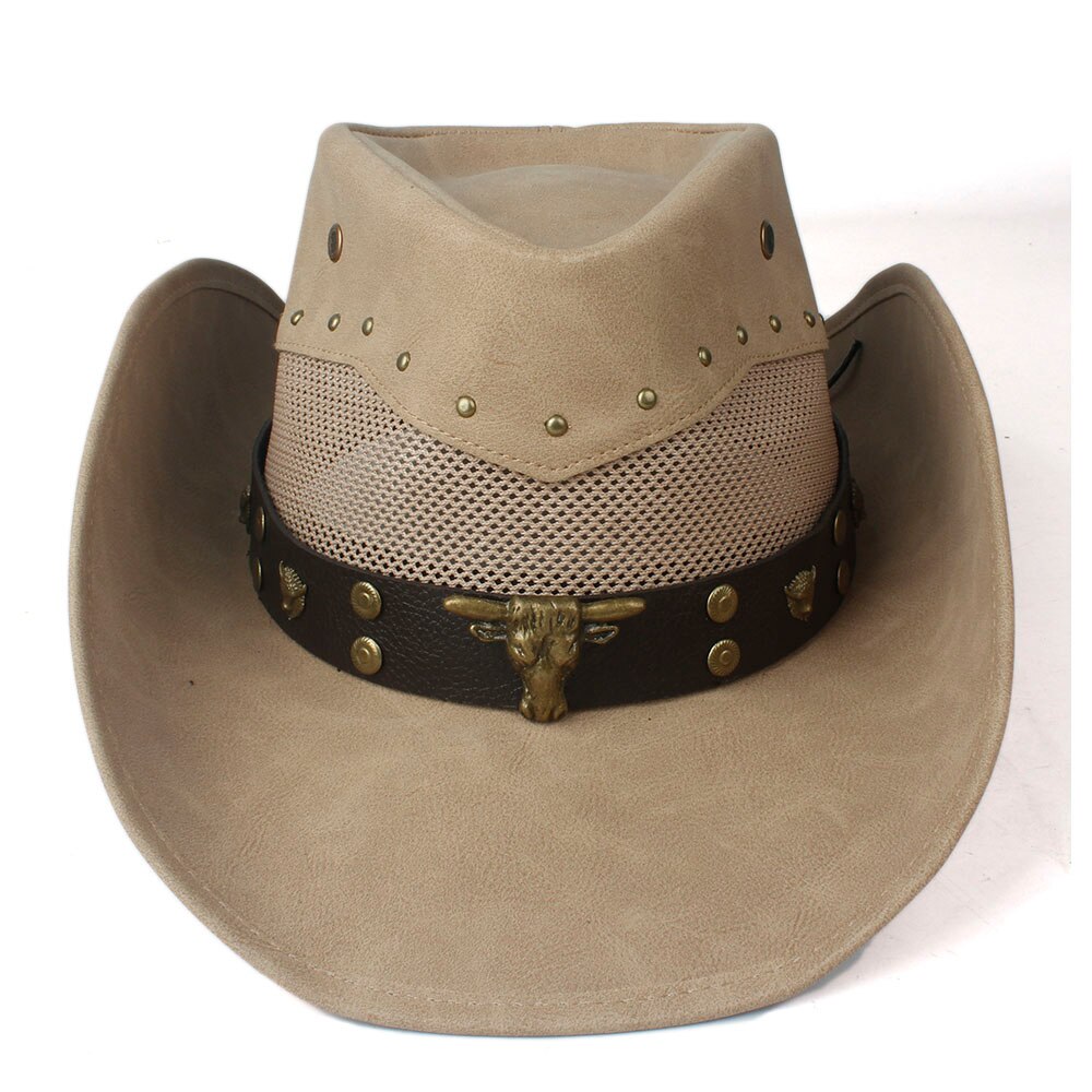 100% Leather Men Women Mesh Western Cowboy Hat Wide Brim Hat Outdoor Sombrero Hombre Cowgirl Hat Bull Ribbon