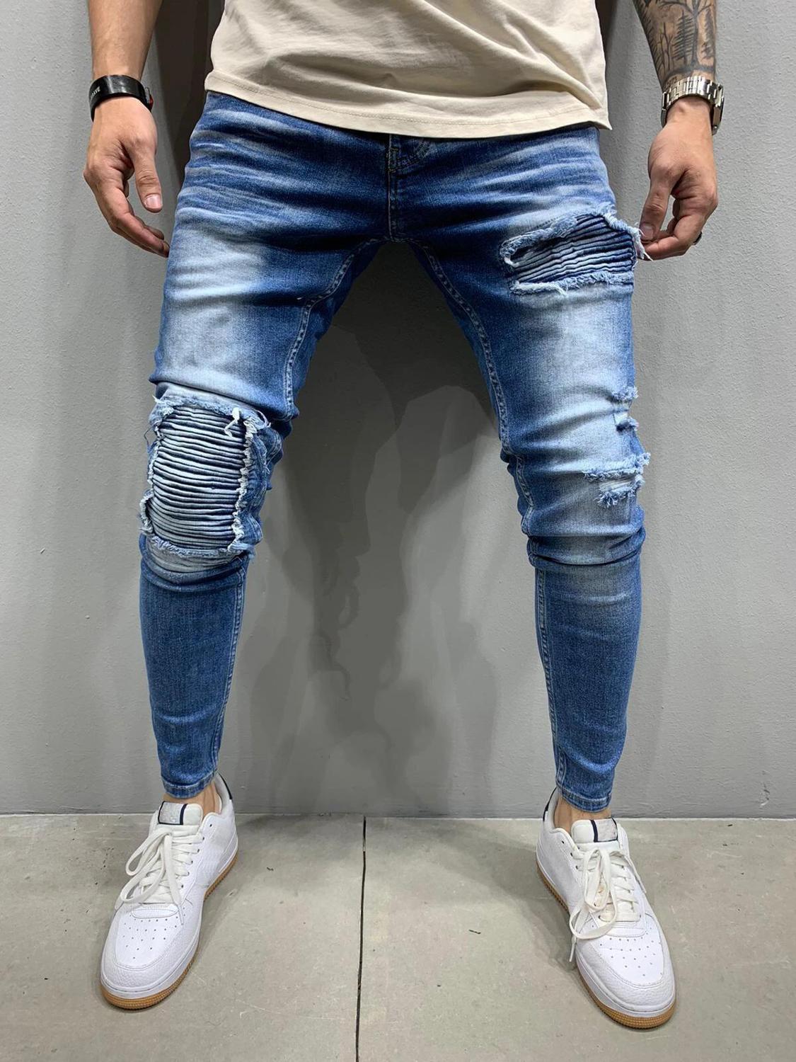 Skinny ripped jeans mænd casual slim fit herre fold jeans homme mærke motor biker hip hop denim bukser bukser pantalones hombre