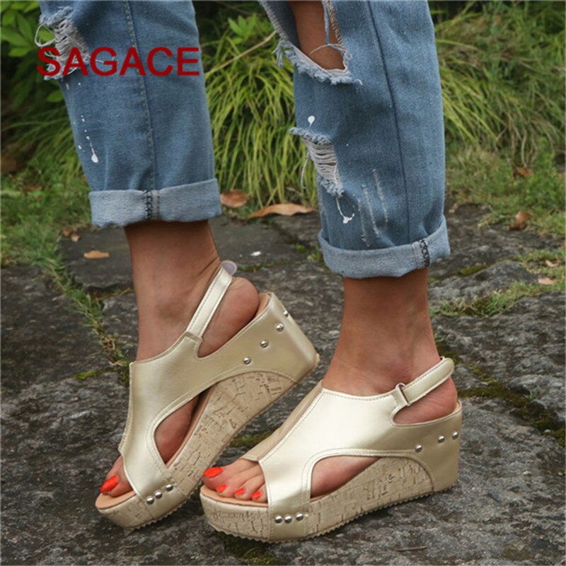 SAGACE sandalias de cuña de Mujer Sandalias transpirables para playa de Punta abierta zapatos de cuña casuales de Color sólido de Roma zapatos femeninos