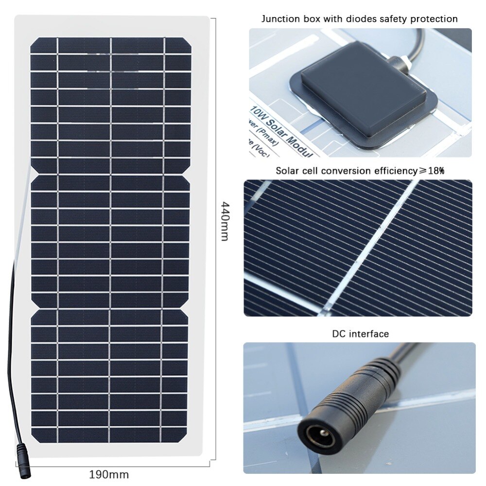 Solar Panel 10W 12V Flexible Cell Solar for Home with DC Adapter Module Kit for 12v Battery Cellphone