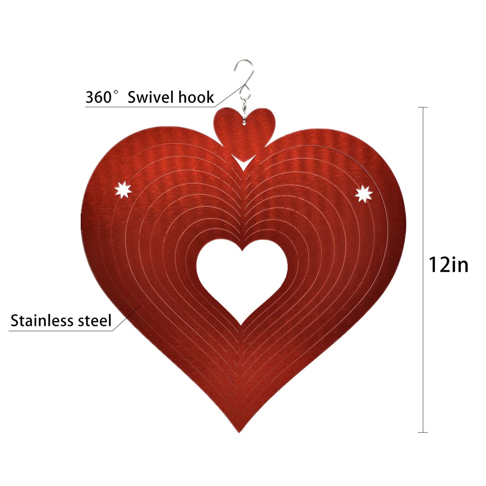 Stainless Steel Wind Spinner 3D Silent Rotating Heart-Shaped Wind Chime Indoor Window Hanging Ornament Outdoor Garden Decoration