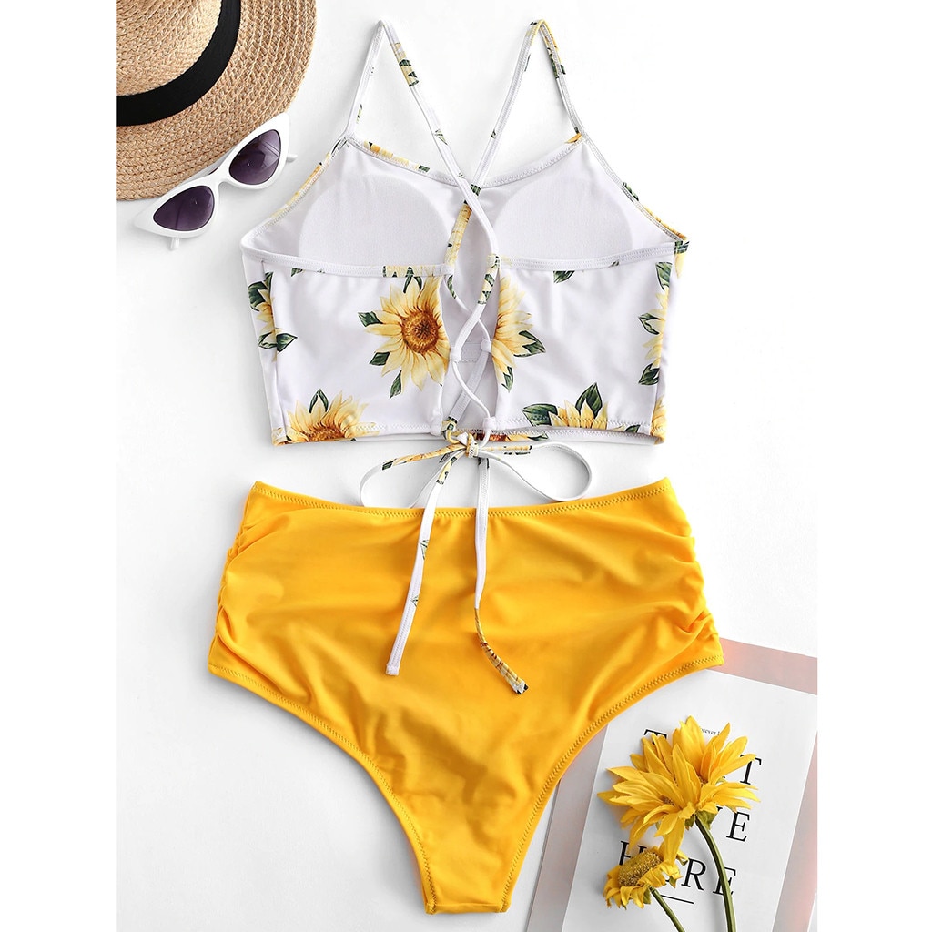 Brown Sunflower Print One Piece Swimsuite