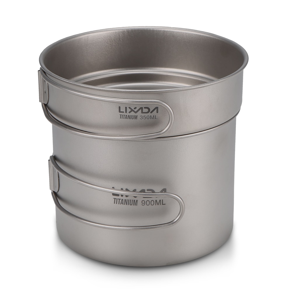 Lixada Ultralight Titanium Cookset Outdoor Camping Cookware Set 900ml Pot 350ml Fry Pan with Folding Handles Camping Equipment