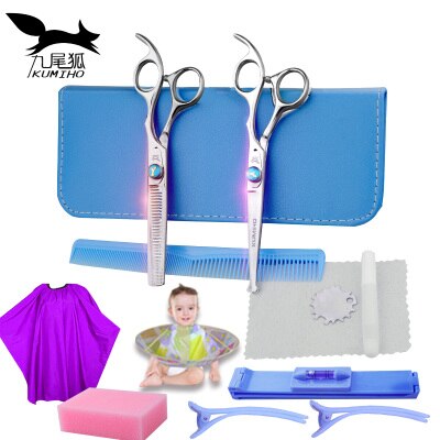 KUMIHO kids safety hair scissors with round tip mirror polished hair cutting scissors thinning scissors children: Blue set