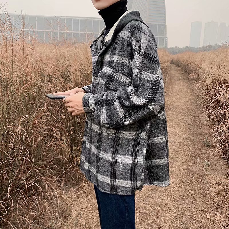Rutiga jackor män vinter tjock bas lös koreansk retro streetwear ytterkläder sömnad hatt herr lapptäcke enkel daglig jacka