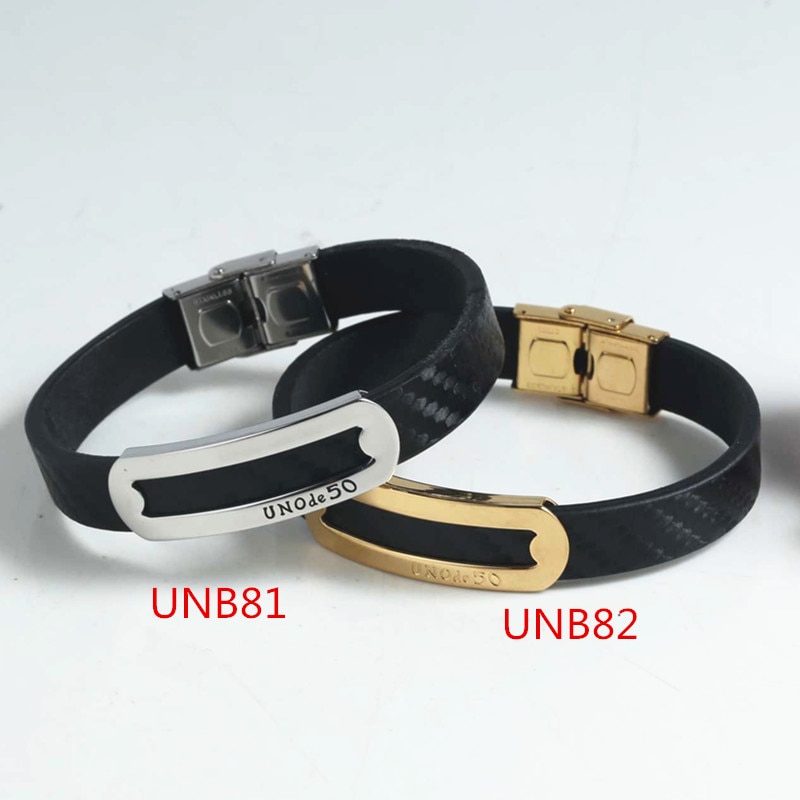 Vrouwen Mannen Zilveren Kleur Goud Rvs Weave Vierkante Uno De 50 Lock Key Zwart Lederen Armband sieraden