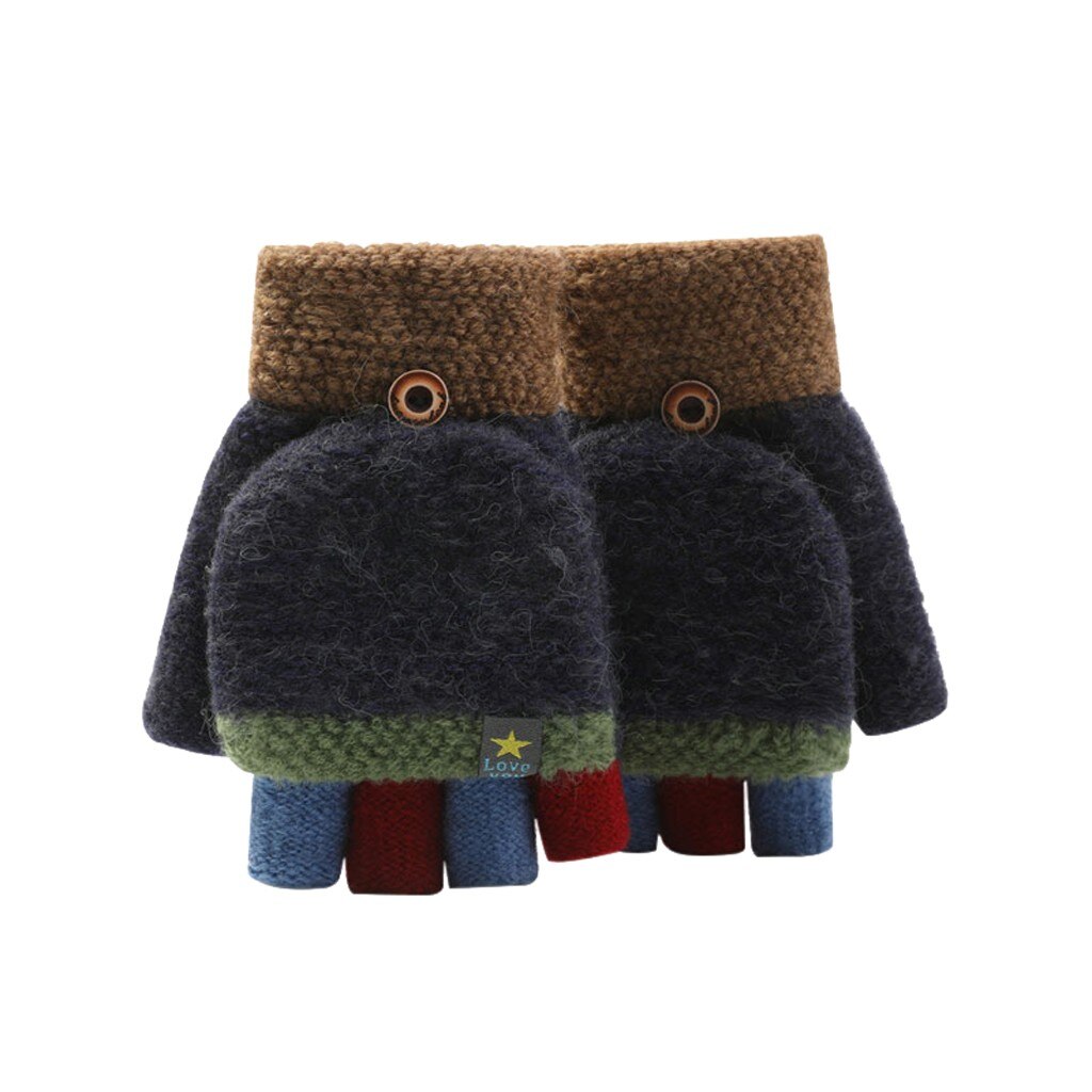 Unisex Warm Soft Kid Winter Convertible Flip Top Fingerless Gloves Kids gloves (6-10years): navy