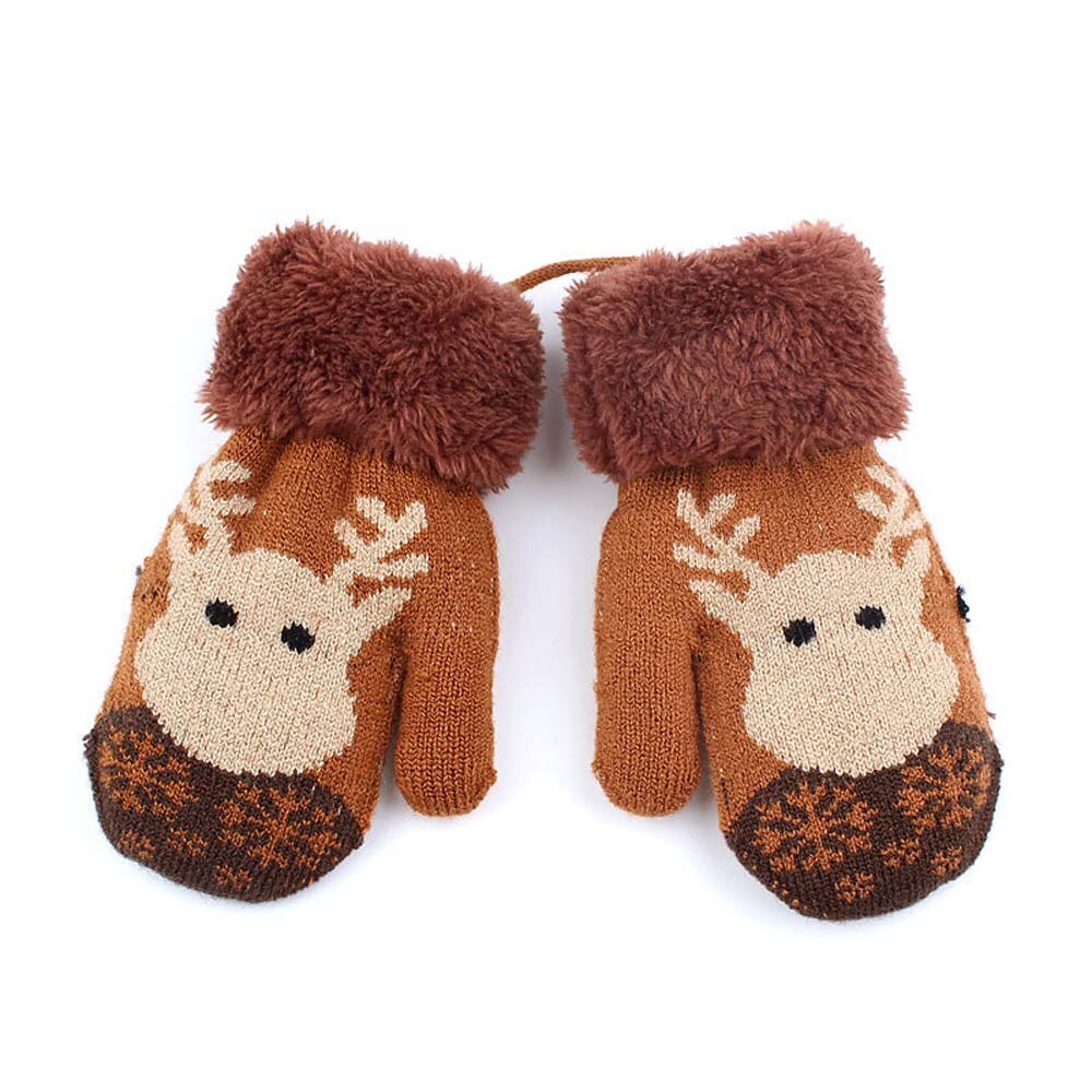 Christmas Toddler Baby Winter Cartoon Deer Velvet Knitted Mittens Gloves Boy Girl Kids Children Outdoor Child Gloves: brown