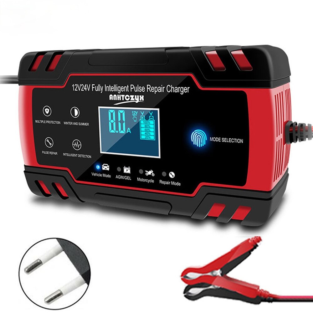Chargeur de batterie 12v 24V 8a, réparation d'impulsions, écran LCD, Charge rapide intelligente, AGM, Cycle profond, GEL plomb-acide, chargeur automatique de batterie de voiture: EU Plug