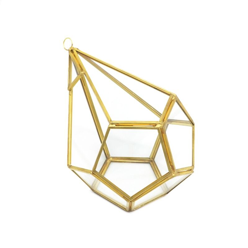 NCYP Handmade Flower Pot Gold Brass Tabletop Geometric Pentagon Spherical Shape Open Terrarium for Ferns Moss Succulents Air Plant Holder Glass Display Planter (Plants Not Included