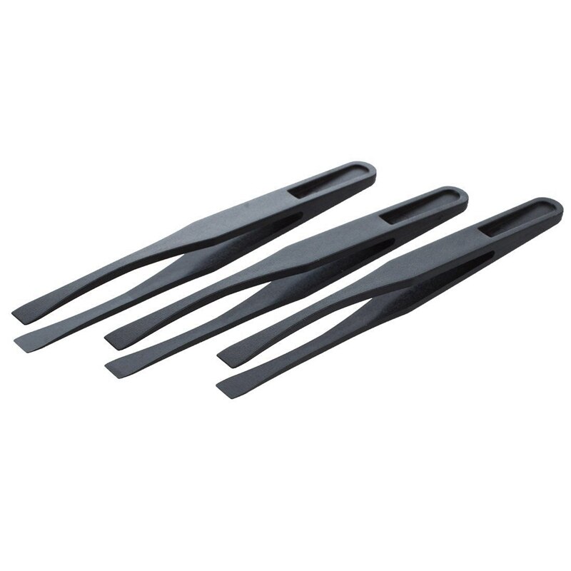 4 Pcs Tweezers: 3 Pcs 115mm Long Flat Tip Black Tweezers &amp; 1 Pcs Manual Tool Plastic Flat Tip Anti-Static Tweezers