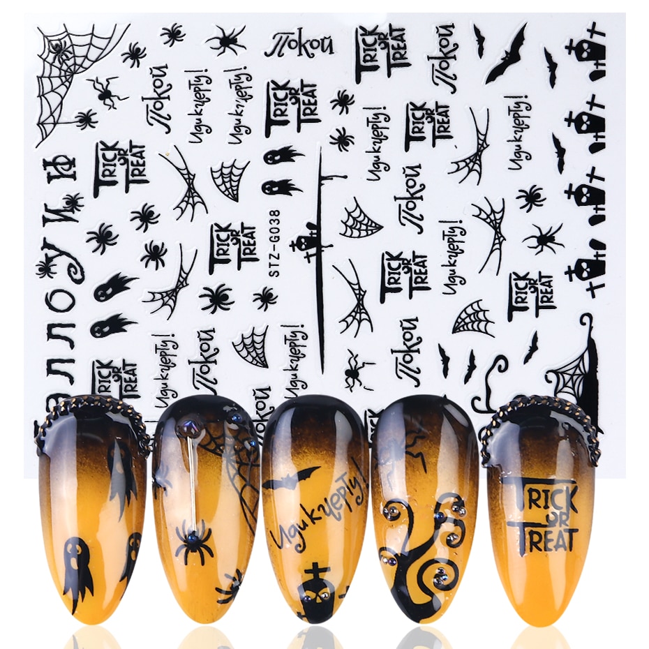 Halloween negler svarte klistremerker nail art dekaler edderkopp spøkelse gresskar kult skummelt skyveomslag negledekor manikyr chstzg 032-040