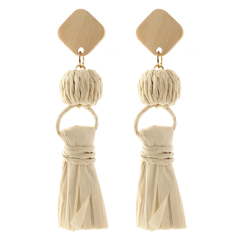 Bohemian Female Handmade Woven Vine Rattan Straw Earrings For Women Boho Geometric Square Wooden Dangle Earring Jewelry: Default Title