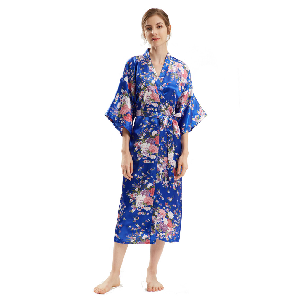 Kimono Badjas Jurk Met Halve Mouw Dames Lang Gewaad Print Bloemen Satijn Nachtkleding Thuis Jurk Losse Loungewear: GRIJS