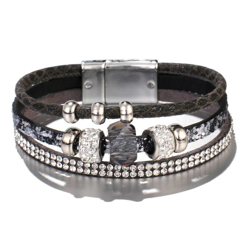 Amorcome Shiny Crystal Charm Leather Bracelets for Women Boho Rhinestone Beads Multilayer Wrap Bracelet Female Jewelry: Gun Black