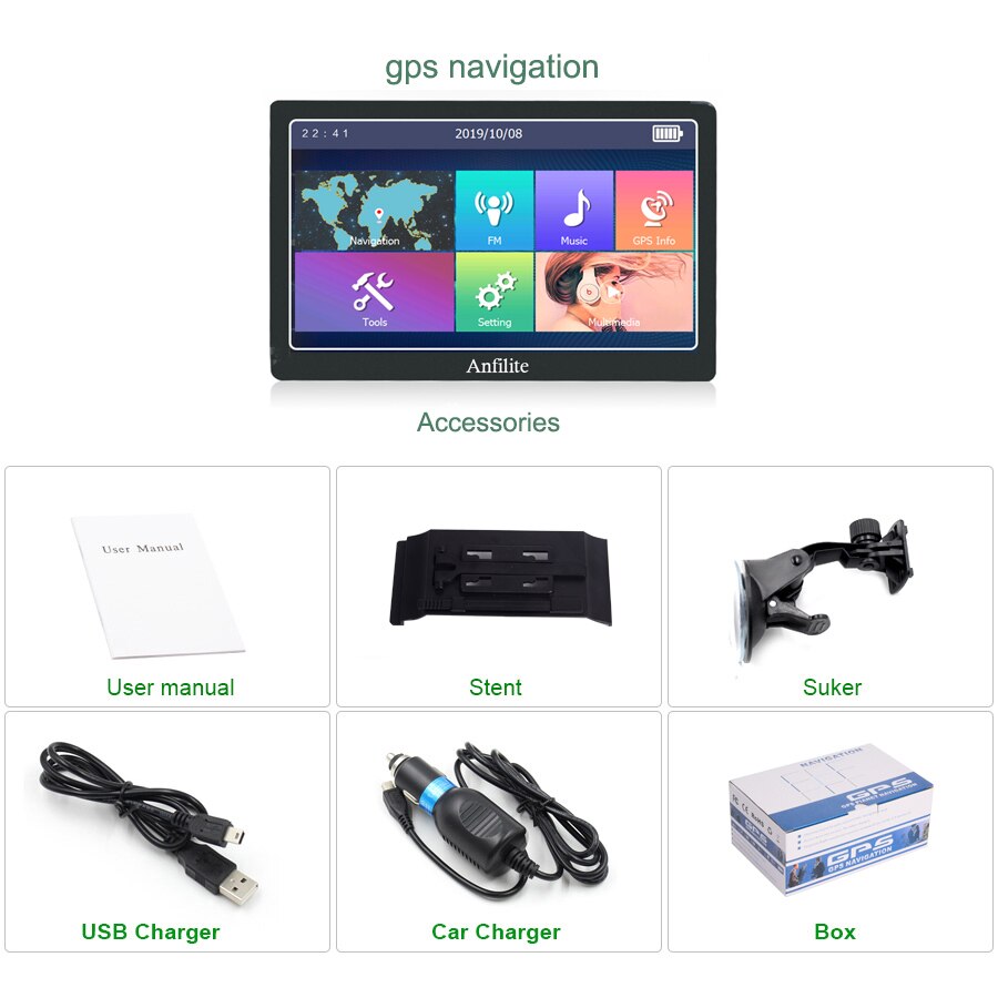 Anfilite 7 inch HD Car GPS Navigation Sat Nav 256M/8g vehicle GPS Navigators Bluetooth AV-IN FM MP3/MP4 Players