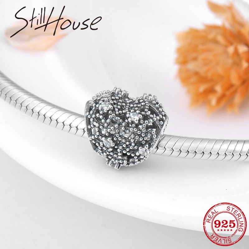 Authentic 925 Sterling Silver Charms Hollow CZ Heart Beads Fits Original European Charm Bracelets Making Jewelry DIY