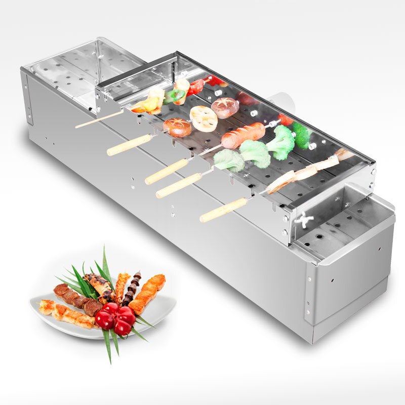 Rostfritt stål automatisk vändbar grill för utomhusbruk med 10 bbq-klistermärken justerbar bredd bbq-spett rullande verktyg
