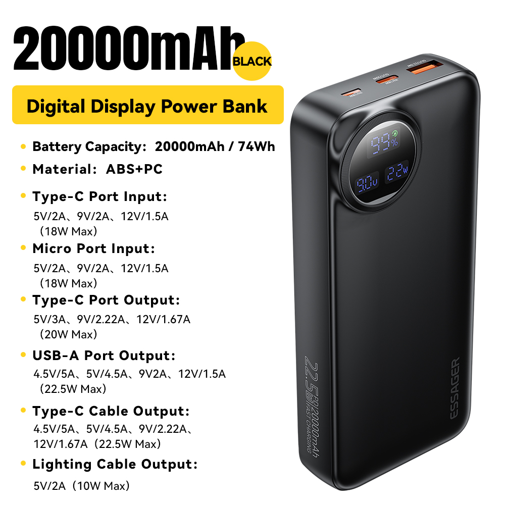 Essager Power Bank 20000mAh Portable Charger with Built-in Cable Digital Display Battery Capacity 22.5W For iPhone 15 14 13 pro: Silver