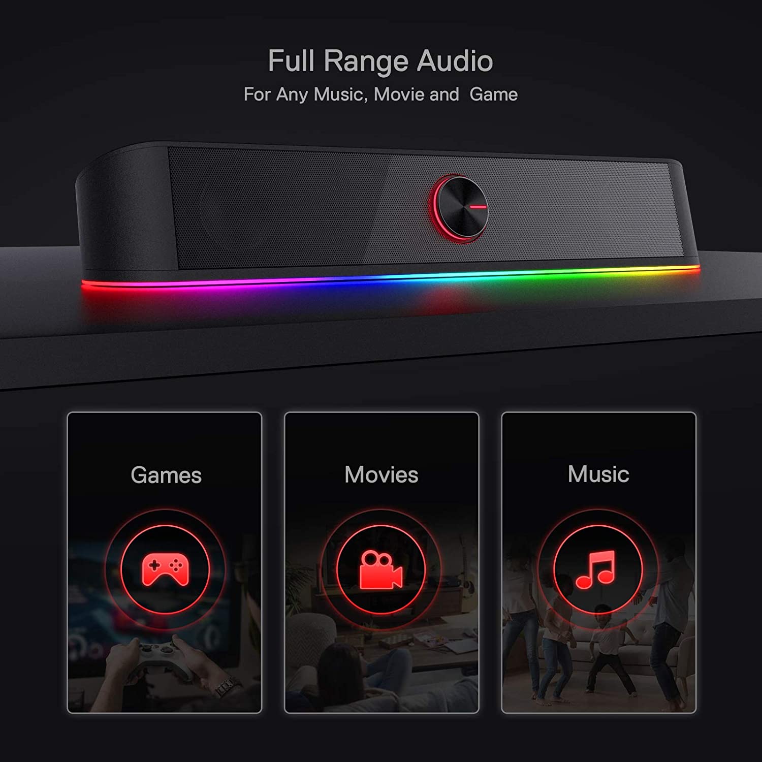 Redragon GS560 RGB Desktop Soundbar 2.0 Channel Computer Speaker Dynamic Lighting Bar Audio-Light Sync/Display Touch