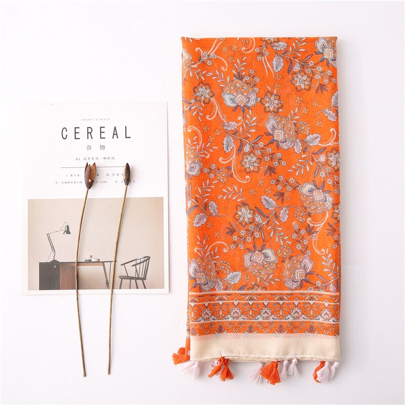 Sparsil-foulard en coton et lin femme | Longue écharpe, imprimé floral, court gland doux, enveloppes d'été, Protection solaire, échalotes de plage: 11Yellow Tassel