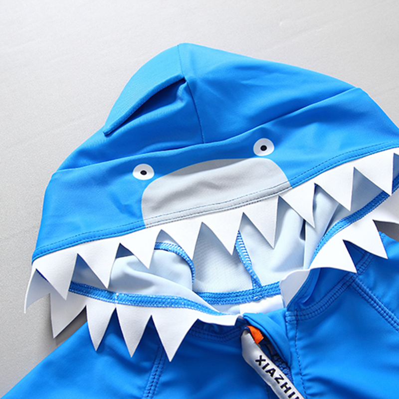 Children's Swimwear Hooded One Piece Toddler Baby Swimsuit 3/4 Sleeve Shark Blue Kids Bathing Suit Beachwear Indoor Swim Clothes