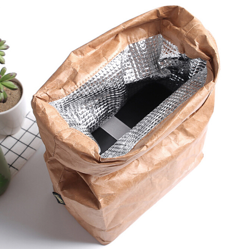 Reusable Brown Paper Lunch Bag With Magnetic Closure Insulated Thermal Cooler Sack For Picnics And Work