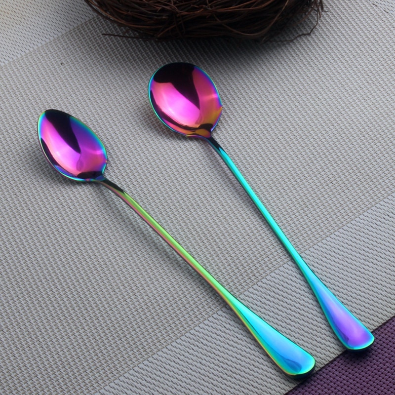 Keythemelife 1Pcs Rainbow Coffee Spoon Stainless Steel Scoop Cold Drink Fruit Long Ice Scoop for Christmas A