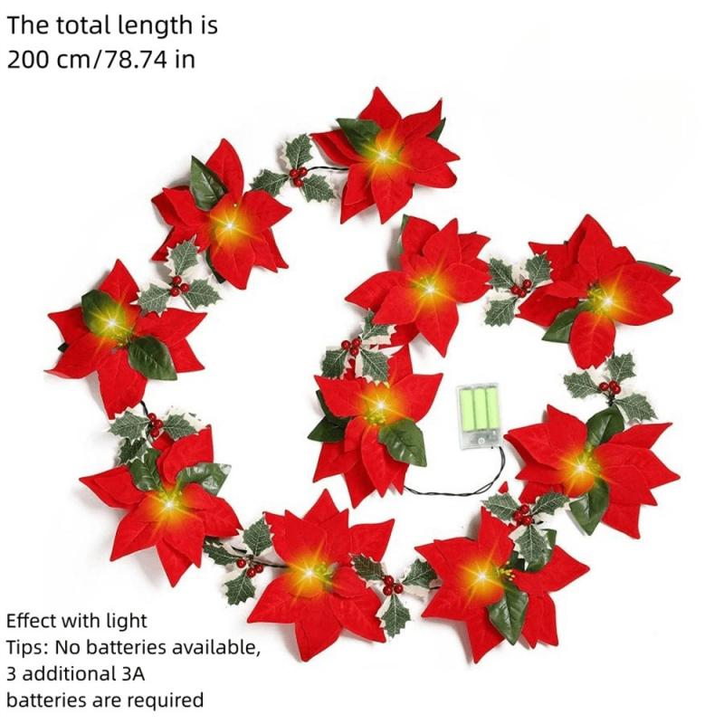 Julgirlang med blommor och bär, batteridrivna ljusslingor för heminredning, perfekt till jul