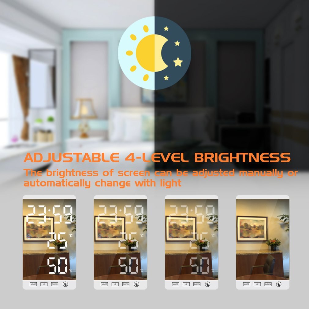 6 Inch LED Mirror Alarm Clock Touch Button Wall Digital Clock Time Temperature Humidity Display USB Output Port Table Clock
