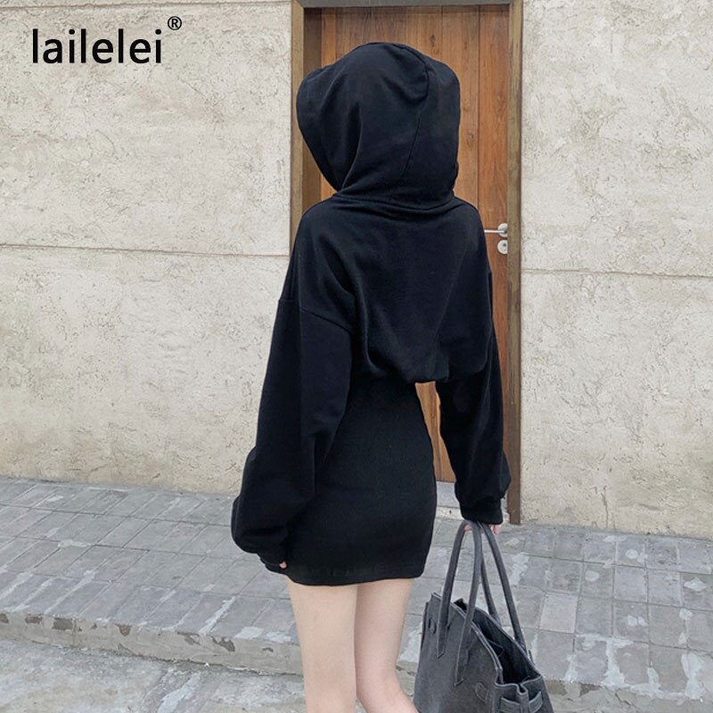 Hoodies sweatshirt stickad klänning mini svart långärmad bomull vinter vestido corto casual koreansk harajuku höstrock femme
