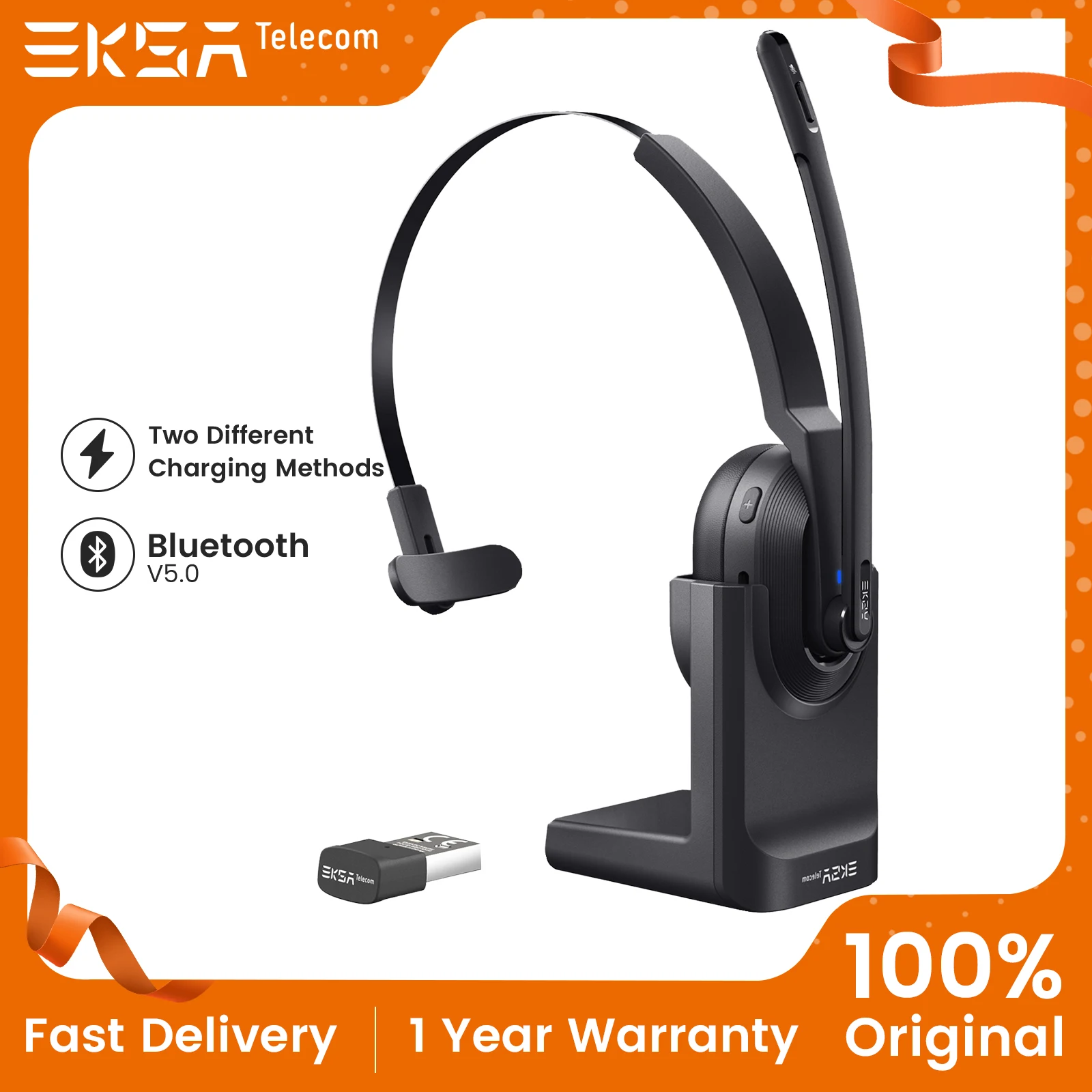 EKSA H5 Bluetooth 5.0-Kopfhörer zum Anrufen mit 2 ENC-Mikrofon-Mittelkopfhörern mit Ladestation, USB-Dongle für das Büro