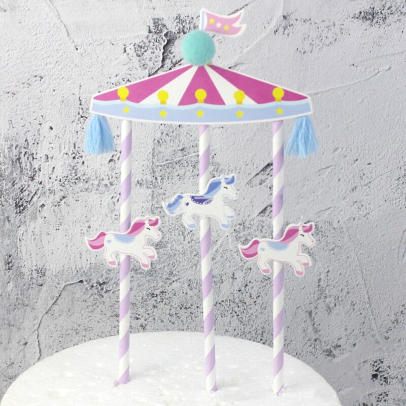 1pc Cute Pink Blue Carousel Birthday Cupcake Toppers Cake Topper Hourse Cake Decoration Baby Shower Party Supplies for Kids: 1