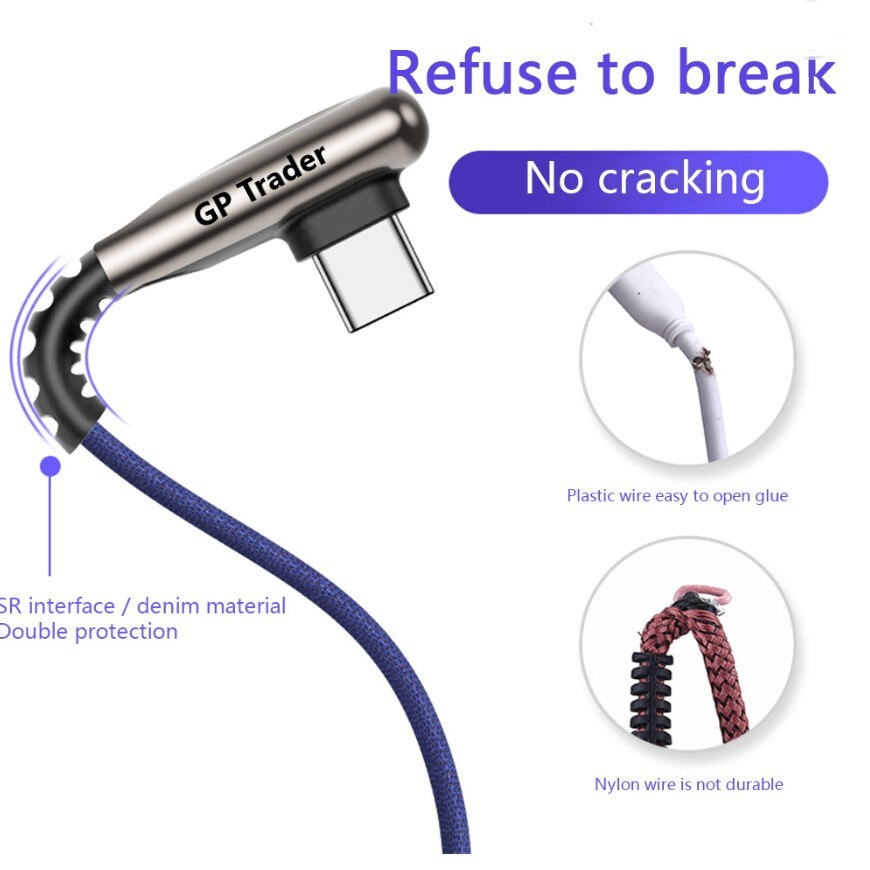 Gp Handelaar 90 ° Usb Type-C Kabel, Snel Opladen En Gegevensoverdracht, nylon-Koper-2 Meter-Blauwe Kleur