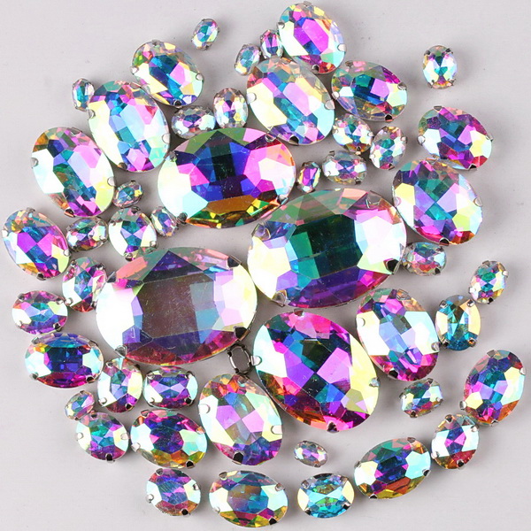 Silver claw setting Oval shape 7 sizes mix 50pcs/bag glass crystal sew on rhinestone beads wedding dress shoes bags diy trim: A2 Crystal AB