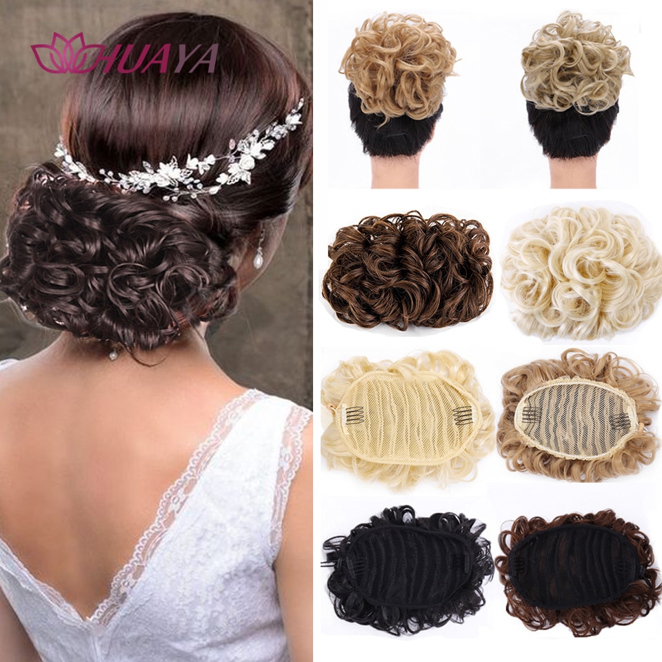 HUAYA Synthetic Short Wavy Chignon for Women 2 Plastic Comb Clip in Hair Extensions Elastic Rubber Band Bun Hair Accessories
