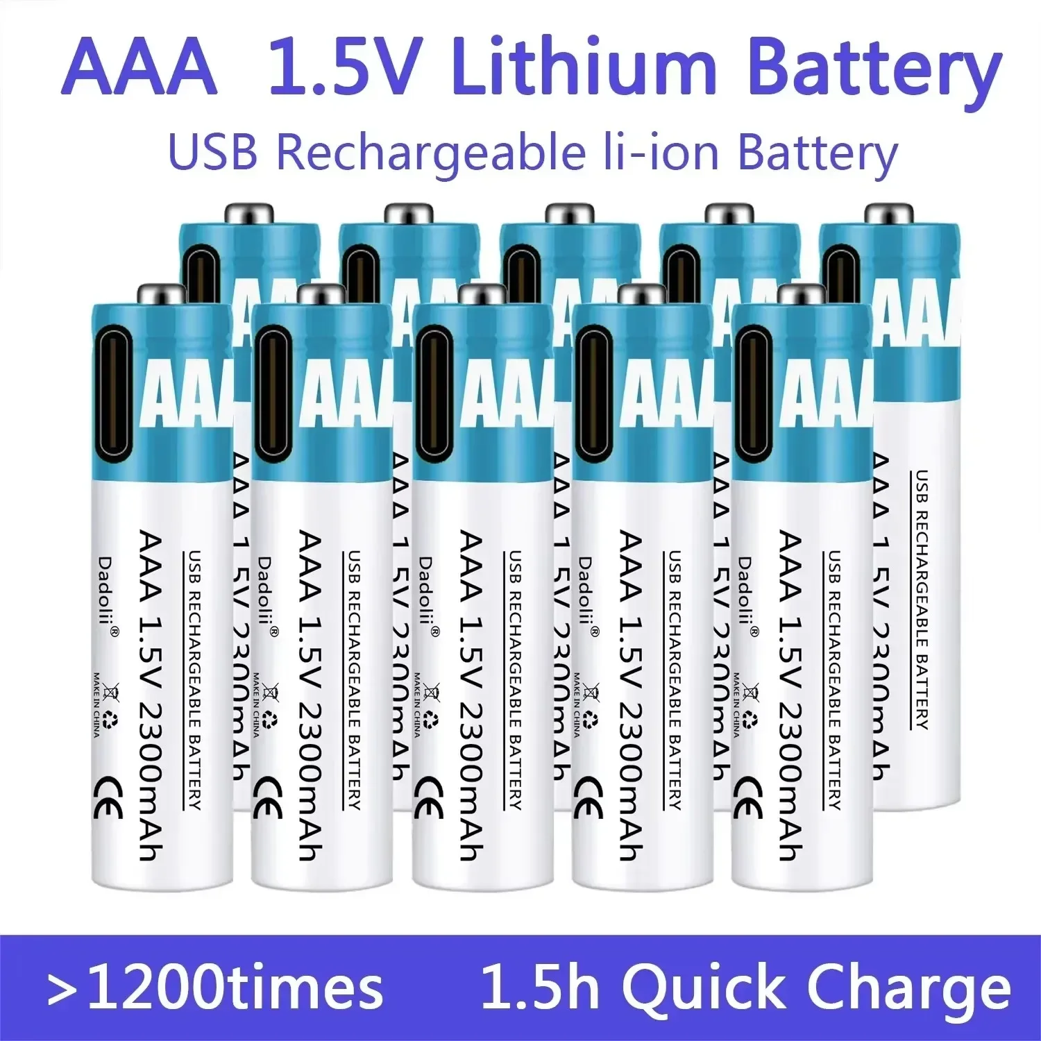 1.5v laddningsbara aaa-batterier, 2300 mah laddningsbart aaa-batteri, litiumpolymerbatteri, snabbladdning med usb-c-kabel