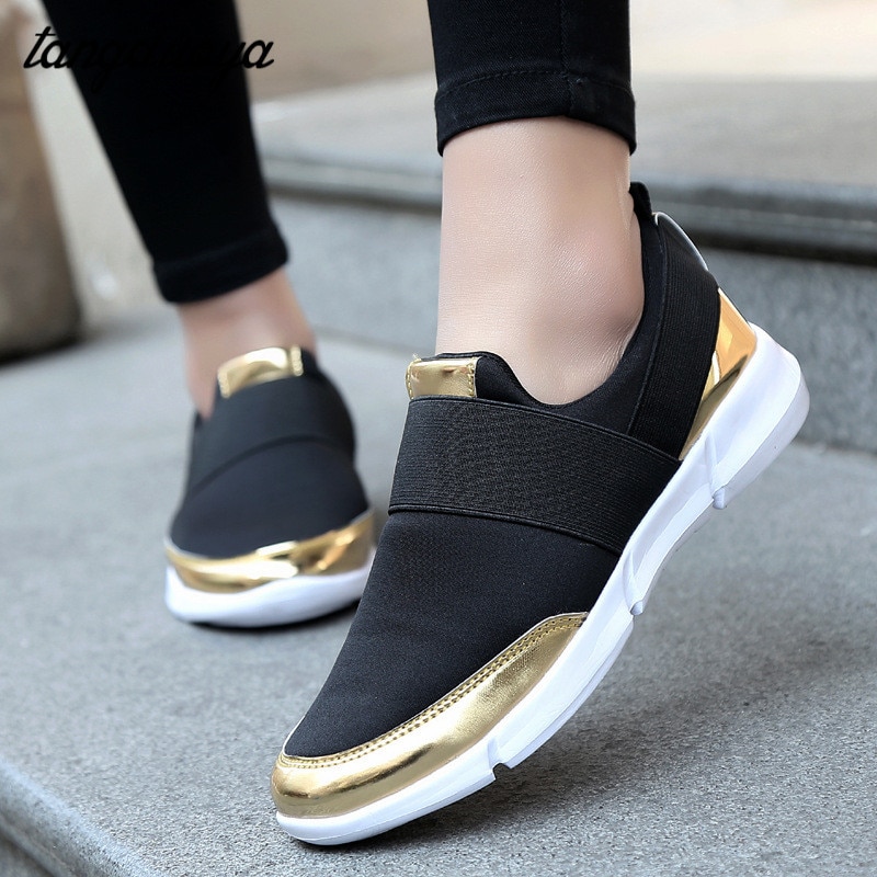 Women's Sneakers Running Shoes Mesh Breathable Casual Shoes Golden Sneaker Overshoes Flat Flat Shallow Casual Shoes Zapatilla