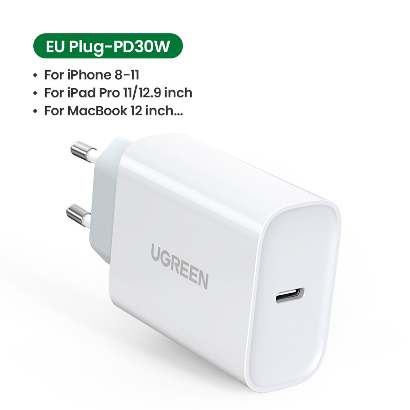Ugreen PD chargeur 30W USB Type C chargeur rapide pour iPhone 12 X Xs 8 Macbook téléphone QC3.0 USB C Charge rapide 4.0 3.0 QC PD chargeur: EU Plug 30W